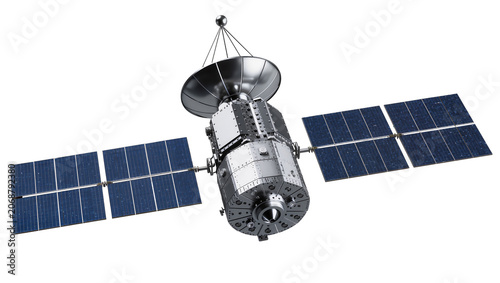 Foto Space satellite with solar panels and dish antenna