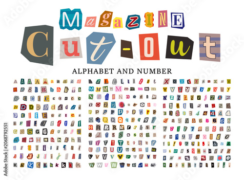 Mega set of cut out magazine alphabet collage font with colorful letters, letters and numbers in retro Y2K style, paper scrapbook typography set. Cartoon blackmail ransom kidnapper anonymous Font.