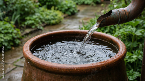 Rainwater harvesting from copper downspout into rustic terracotta barrel in lush green garden, sustainable living lifestyle