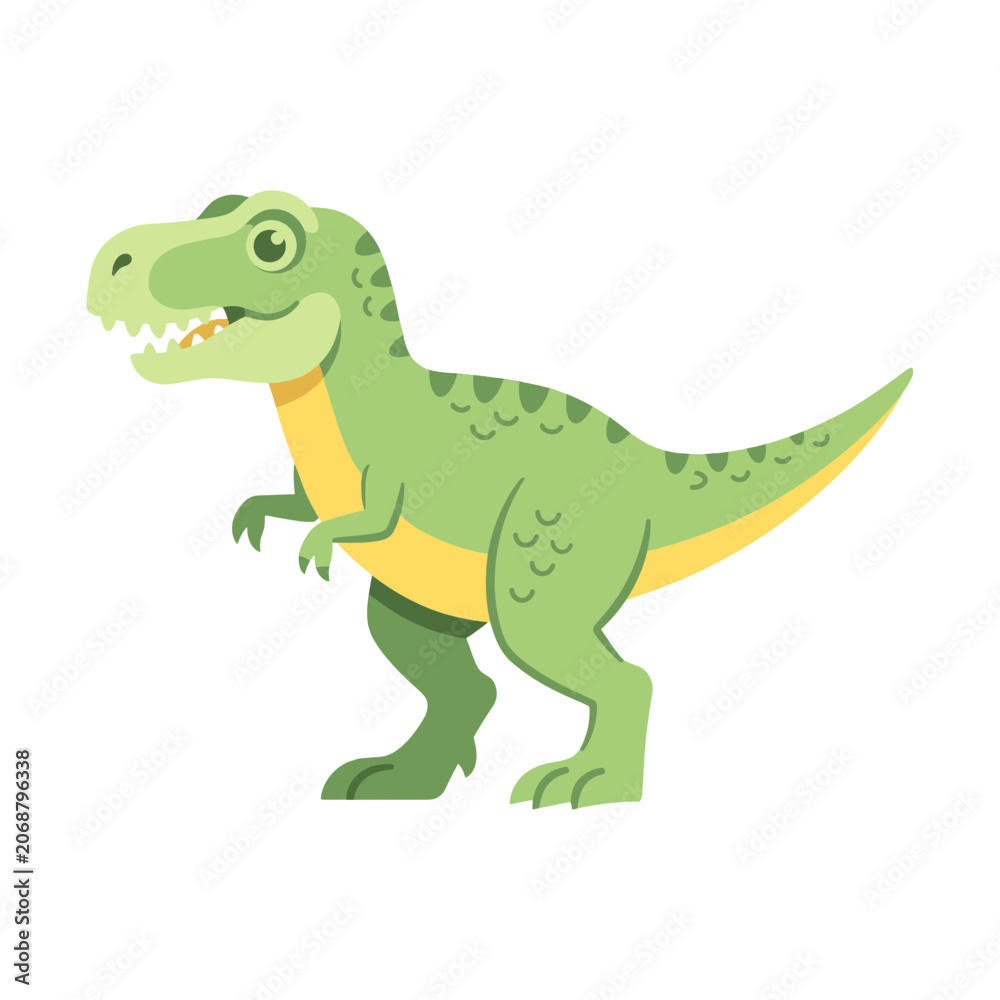 Fototapeta premium A cute green cartoon Tyrannosaurus Rex dinosaur with a friendly expression, standing on a white background.