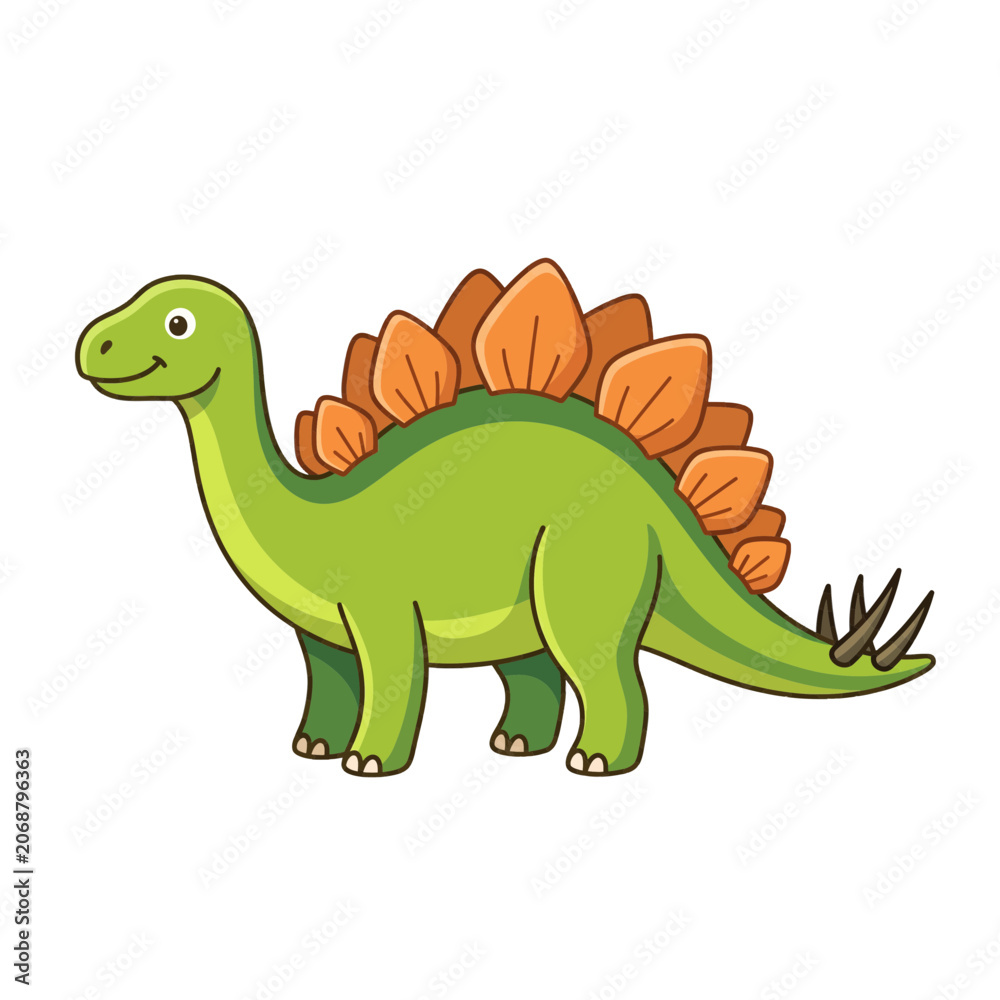 Fototapeta premium A cute cartoon green Stegosaurus dinosaur with orange plates on its back and spikes on its tail, smiling cheerfully.