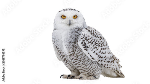 Canvas-taulu Snowy owl with bright yellow eyes and black speckled feathers