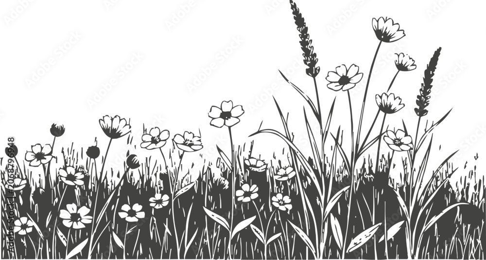 Obraz premium Wildflower meadow silhouette black and white floral grass field vector illustration