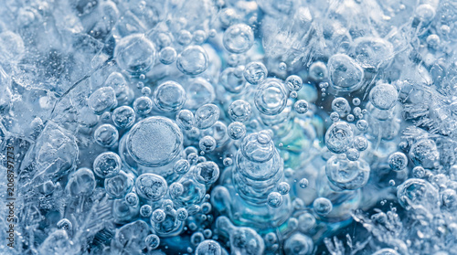 Detailed macro shot of round air bubbles suspended in a frozen blue block of ice creating a unique winter texture for creative backgrounds