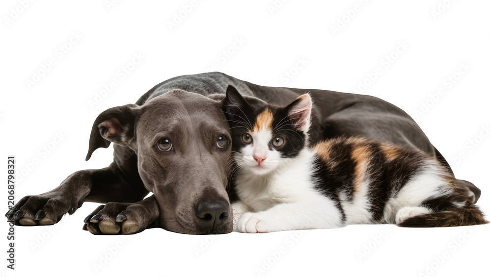 Fototapeta premium Great Dane dog resting with calico kitten on white