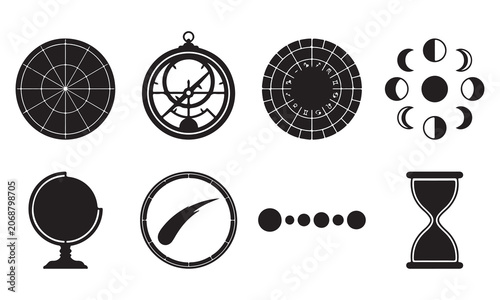 Fotografija Set of black silhouette featuring celestial navigation tools, moon phases, a glo