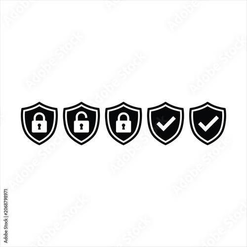 Shield Icon Set with Lock and Check Marks for Security, Privacy, Authentication, and Safe Access Concept Design