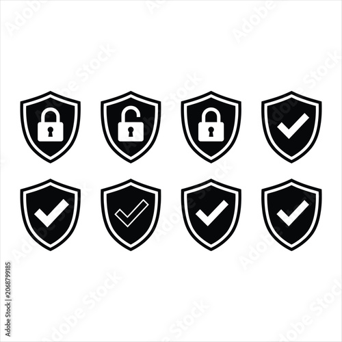 Shield Icons with Padlock and Check Mark Symbols, Cybersecurity and Secure Access Concept for Digital Safety Design