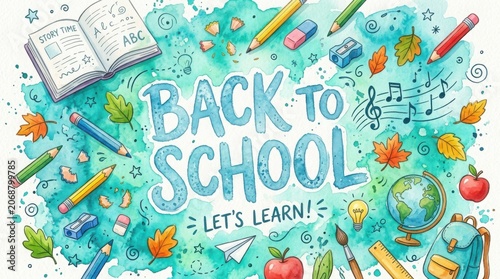 Watercolor back to school supplies illustration with hand lettering