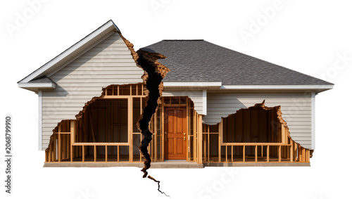 фотографія Cracked house exterior with exposed wooden frame and door