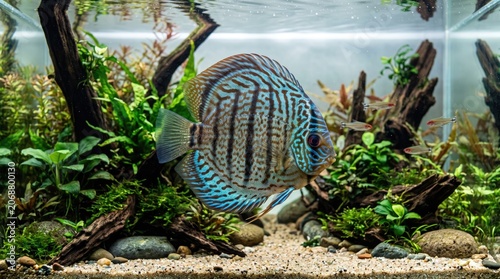 Vibrant aquarium fish swimming among aquatic plants and driftwood