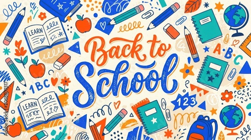 Back to school hand lettered illustration with school supplies