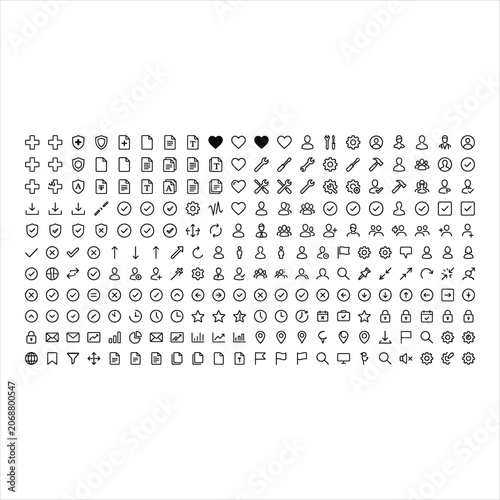 Icons Representing Various Actions, Tools, and Objects in a Minimalist Style Featuring Design, Vector, Symbols with Illustration