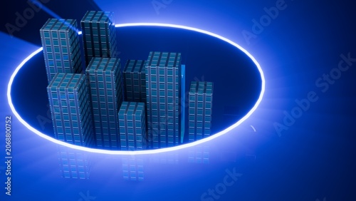 Futuristic 3D City Buildings in Glowing Neon Circle
