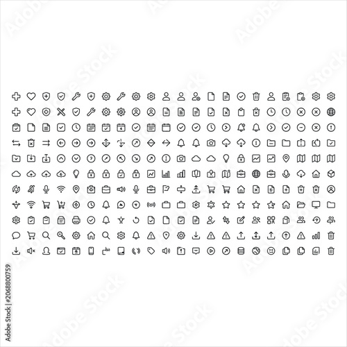 Icon Set with Web Communication, Social, Interface, and Multimedia Symbols on White Background for Ui Design