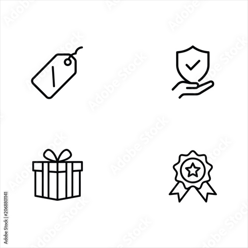 Tag Icon, Shield with Check Icon, Gift Box and Award Rosette Icons on White Background for Branding Concept