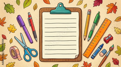 Autumn school supplies flat lay