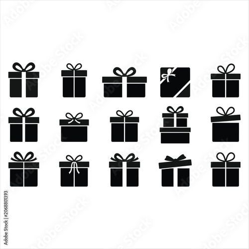 Gift Boxes with Ribbons Arranged in a Grid Pattern Featuring Box, Ribbon, Present with Wrapping and Bow Elements for Black, White
