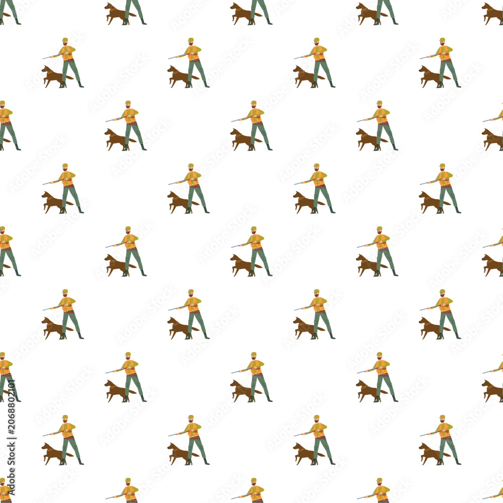 Naklejka premium Hunter with a dog and rifle creating a repeating seamless pattern