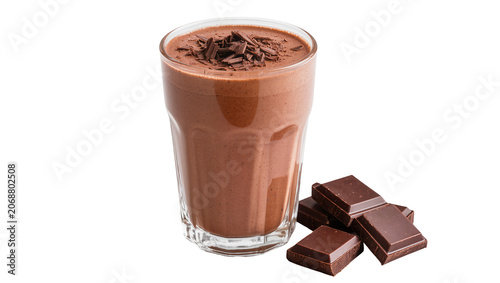 Chocolate milkshake in glass with chocolate bar pieces