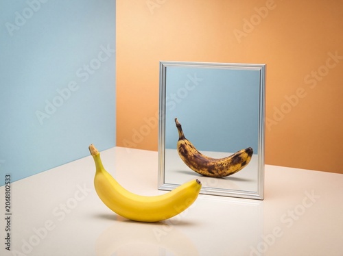 Conceptual image of reality vs self-image / a mirror reflection of a banana