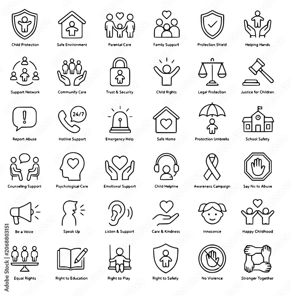 Fototapeta premium Child Protection, Social Safety, and Awareness Campaign Icons