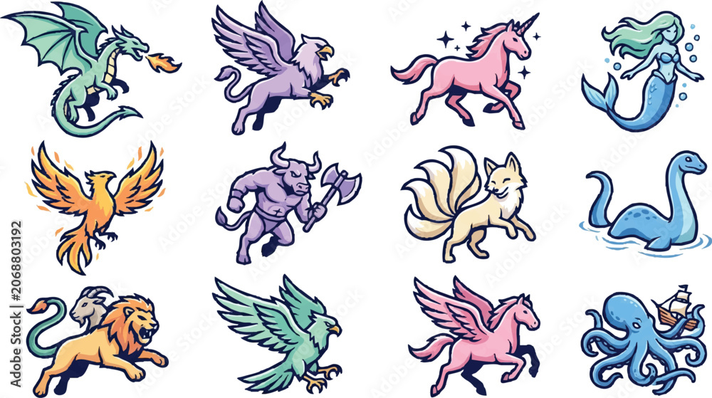 Obraz premium Mythical creatures fantasy animals icons.