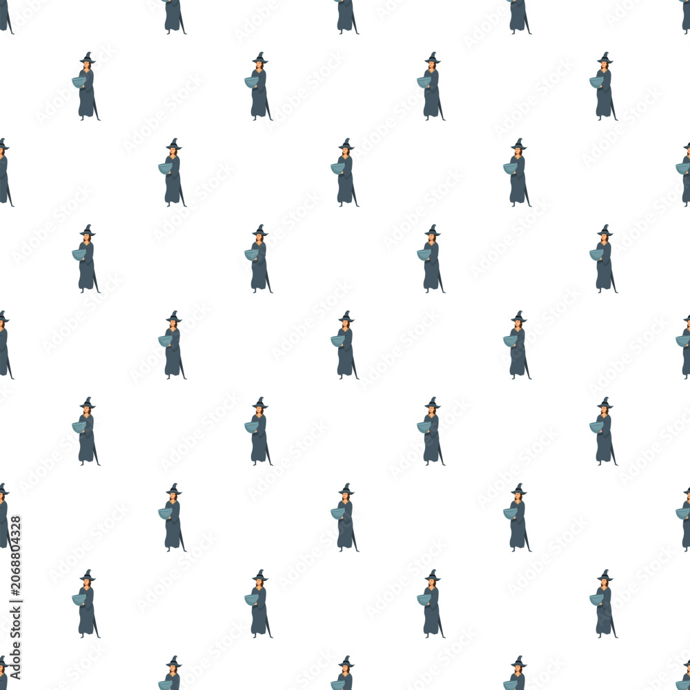 Naklejka premium Witch character in a pointy hat holding a brewing cauldron repeating on white background
