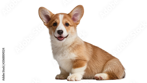 Pembroke Welsh Corgi puppy sitting smiling, with large ears