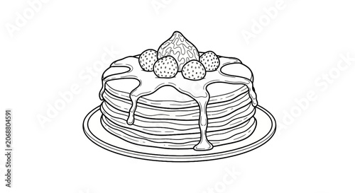 Delicious pancakes with syrup and fruit.