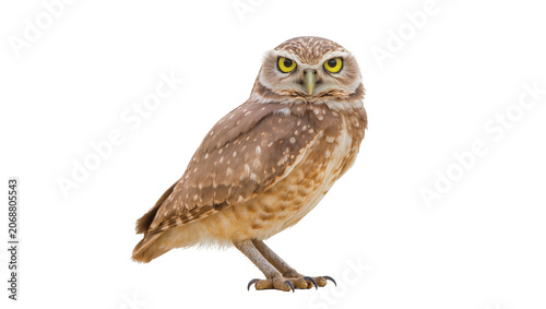 Tablou pe pânză Burrowing owl with yellow eyes and brown speckled feathers