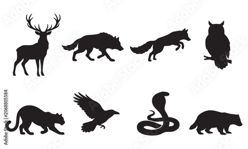 Photography Set of black silhouettes of wild animals and birds including a stag, wolf, fox,