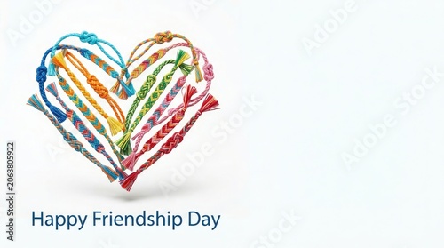 Hand-woven chevron friendship bracelets forming a heart shape on a white background with copy space