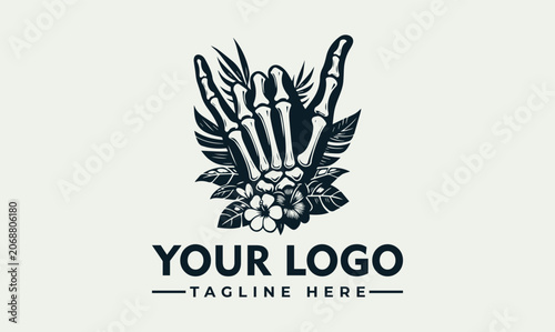 Canvastavla Gothic skeleton hand with tropical leaves and flowers vector logo illustration f