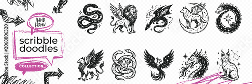 Photos Hand drawn vintage black ink scribble doodle vector set of esoteric mystic magic