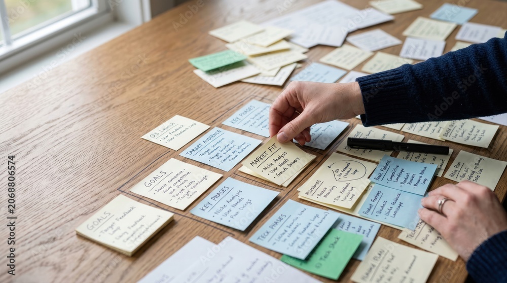 Obraz premium Product Manager Mapping Market Fit Sticky Notes during Tactical Planning Session