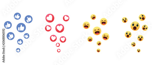 Social media reaction icons with blue thumbs up, red hearts, happy laughing faces, and shocked surprise emojis floating for online engagement