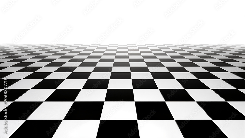 Naklejka premium Black and white checkered floor receding into darkness, isolated on transparent background