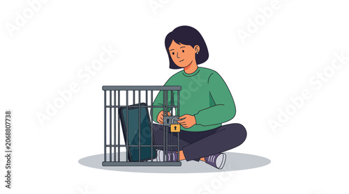 Photos Person locking a digital device inside a cage with a padlock