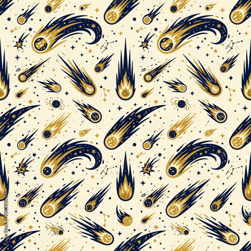 A seamless pattern featuring many glowing comets in deep space