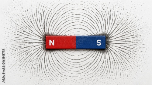 A bar magnet with iron filings showing curved magnetic field lines.