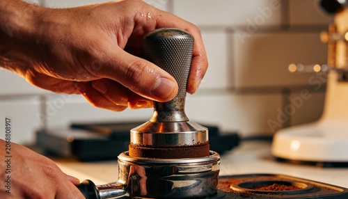 Tamping metal tamper and pressing portafilter into espresso puck at kitchen counter, loose grounds