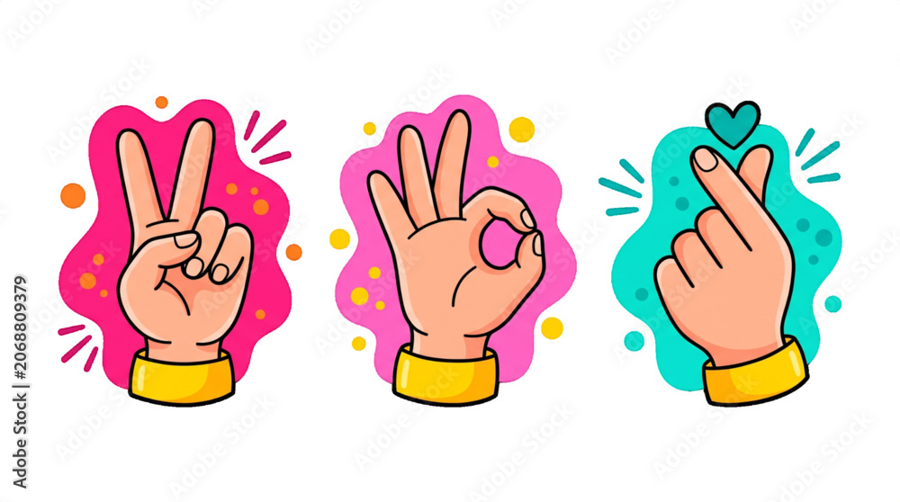 Fototapeta premium Hand gestures vector set with peace sign, ok sign, and Korean finger heart on transparent Background. Trendy hand expressions illustration, positive gestures pack, pop art vector.