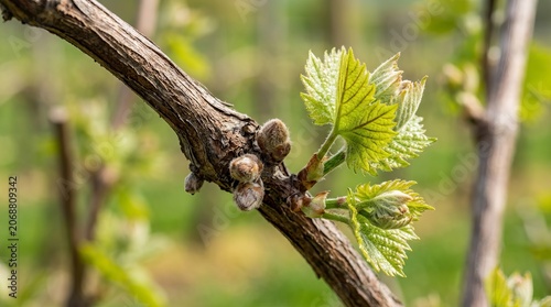 New grape leaves unfurl on a vine in a sunlit vineyard, symbolizing spring growth and renewal.