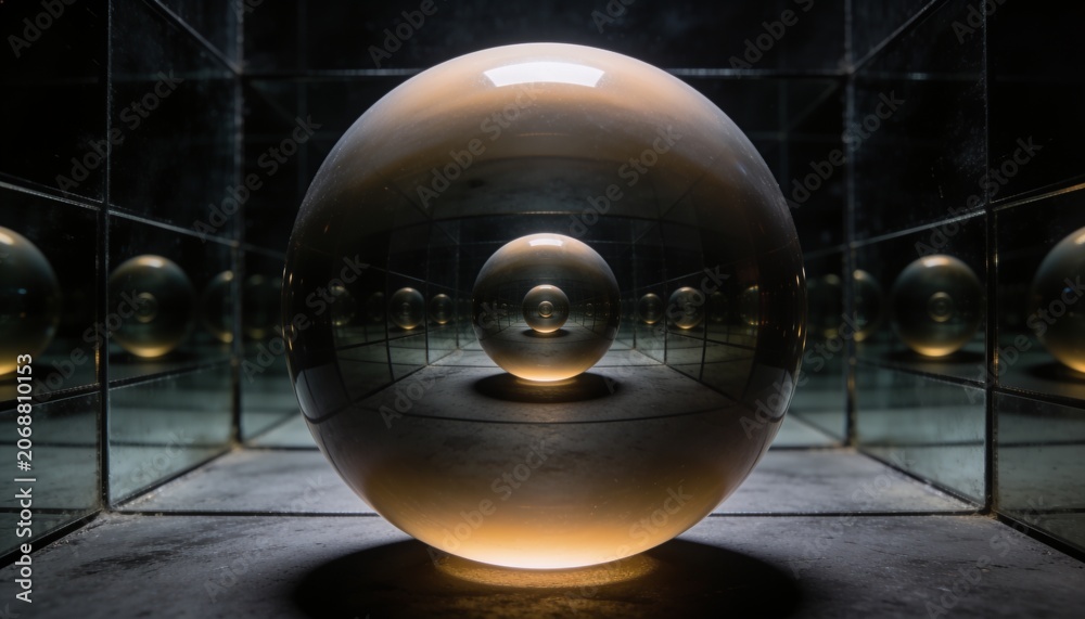 Fototapeta premium Glowing glass sphere casting echoing reflections in mirrored chamber with seams, warm light beneath