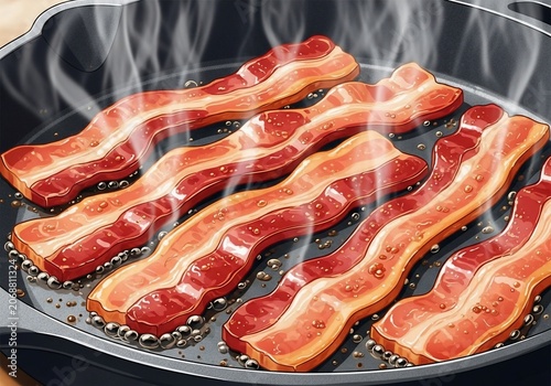 Sizzling bacon strips cooking in a hot pan with steam rising.