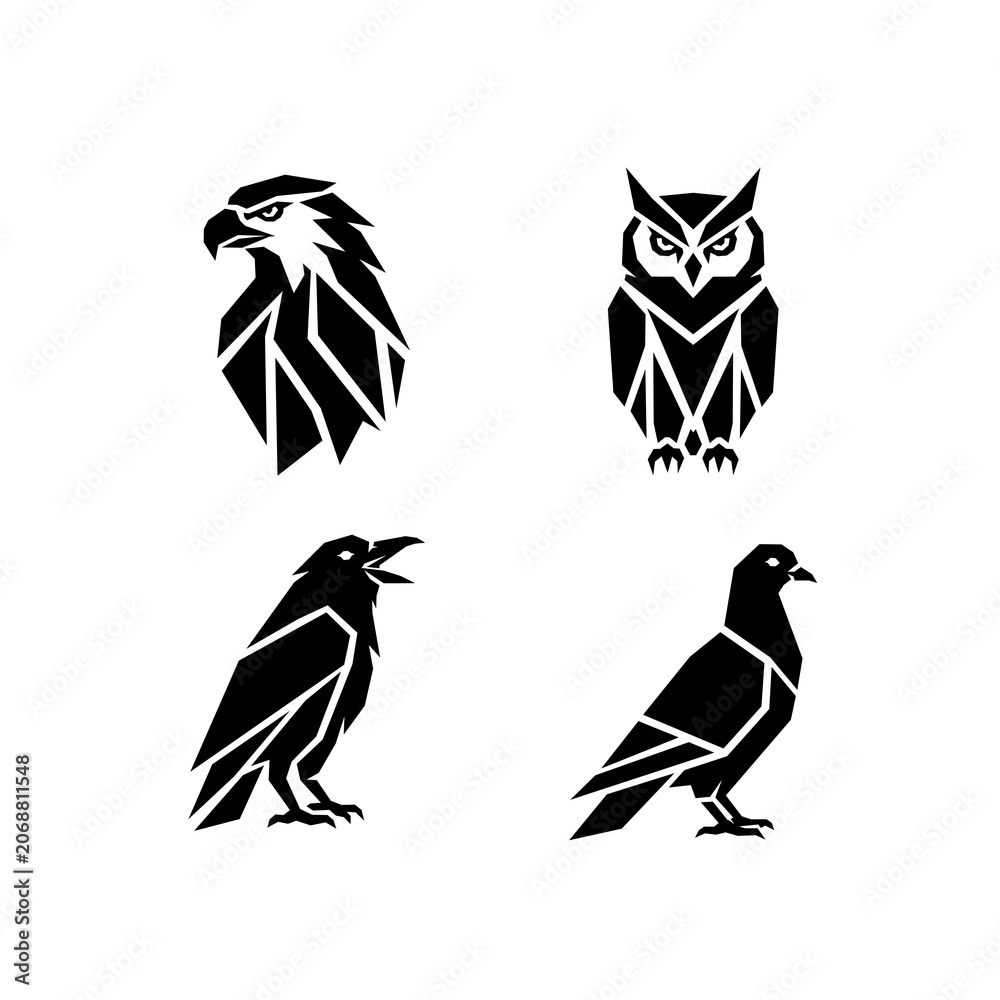 Obraz premium Eagle, owl, raven, and pigeon minimalist geometric bird vector set
