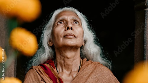 Peaceful elderly woman meditating outdoors surrounded by nature