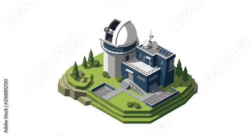 3D Isometric Astronomical Observatory with Telescope Dome, Scientific Research Facility Illustration