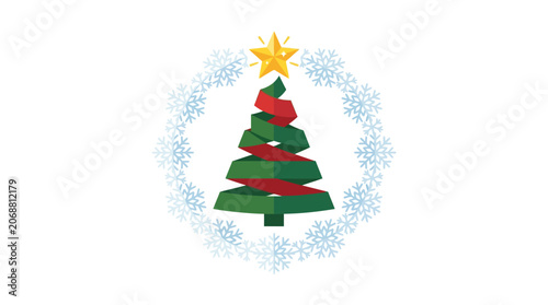 Minimalist Flat Design Christmas Holiday Icon Featuring Festive Evergreen Tree Crafted from Layered Ribbon Shapes in Solid Colors on Pristine White Canvas Perfect for Seasonal Decorations Gr